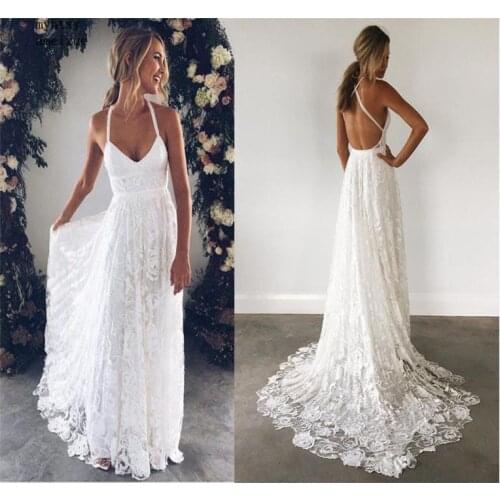 2020 New Short Lace Halter Court Train Floor-length Backless Beach Flare Sleeve Natural Simple Wedding Dress China Bridal Gowns