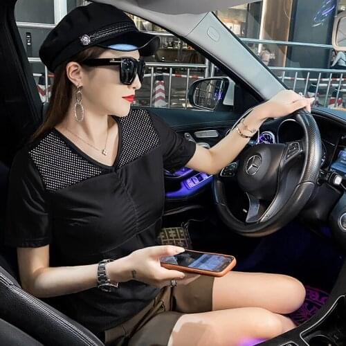 2021 Summer New Hot drilling Hollow out Women T-shirts Tops Korean Fashion v-neck Women T shirt tops for women y2k top