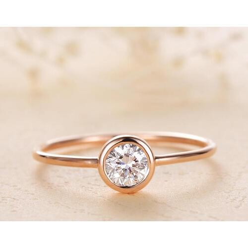 18K Rose Gold 5mm Moissanite Bezel Set Engagement Ring Women Minimalist Solitaire Ruby Wedding Anniversary Promise Thin Ring