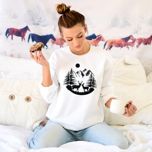 Deer Scene Mountain Trees Graphic Printed 100%Cotton Sweatshirts Unisex Eco Life Funny Casual O-Neck Pullover Long Sleeve Tops