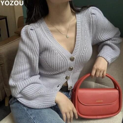 YOZOU Fall Crochet Cardigan Single Breasted Button Solid Long Sleeve V-neck Casual Short Ladies Womens Sweater Crop Top