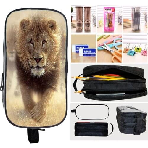 Double Layer Lion Tiger Wolf Panda Pencil Bags Students Pencil Case Boys Girls Pencil Holder Animal Fashion Makeup case Penbag