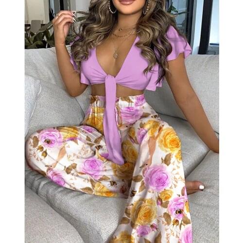 Casual Suit Two-piece Clothing Floral Print Lotus Leaf Sleeve Knotted Nine-point Top and High-waist Pants Suit Fashion Two-piece