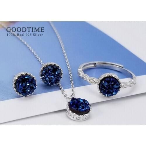 Luxury Women Jewelry Set Pure 925 Sterling Silver Round Navy Blue Zircon Necklace Earrings Ring Crystal Set Gift For Girlfriend