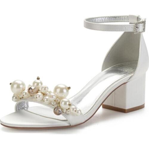 Satin Sandals Chunky Block Thick Heels with Big Pearls Beads Ankle Strap Bridal Wedding Prom Dance Grils Birthday Party Shoes