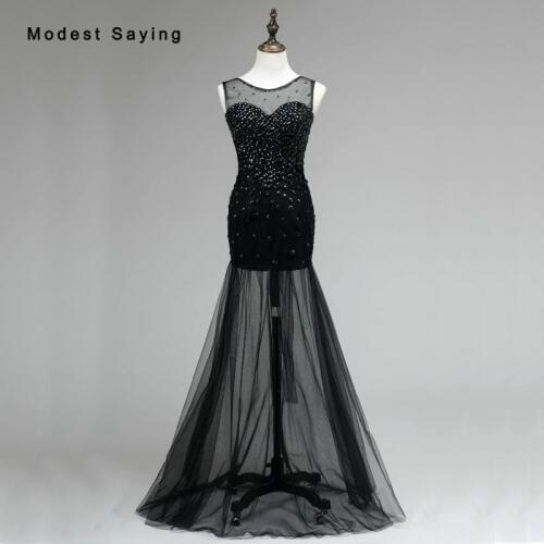 Sexy Backless Mermaid Evening Dresses 2018 with Rhinestone Black Evening Gown Prom Gowns vestido de festa longo Custom Made