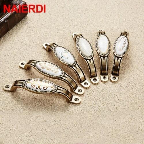 NAIERDI Antique Ceramic Gold Cabinet Handles Drawer Knobs Zinc Alloy Wardrobe Door Handles Pulls European Furniture Handle