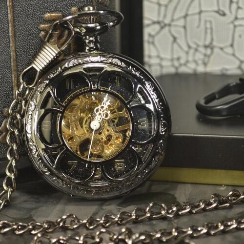 TIEDAN Steampunk Luxury Fashion Antique Skeleton Mechanical Pocket Watch Men Chain Necklace Business Casual Pocket & Fob Watches