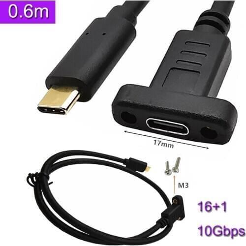 USB C Type-C Male To Female Extension Data Cable with Panel Mount Screw Hole 10Gbps 0.6m