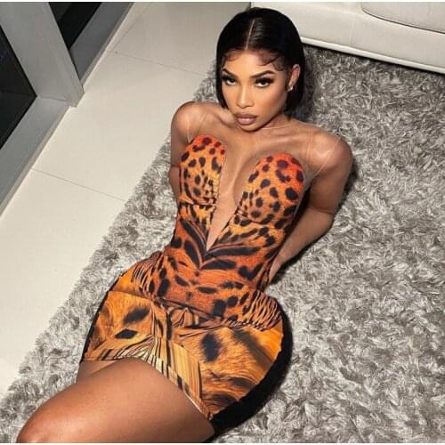 Evening Dress, Hip Dress, Mesh Stitching, Deep V Sexy, Party Club, Leopard Print, Cocktail Party, Nightclub Dress, Sleeveless