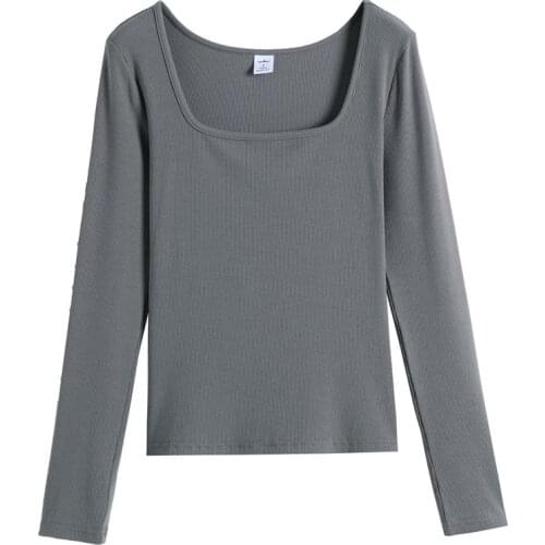 GIGOGOU Long Sleeve Ribbed 95% Cotton Women T Shirt Solid Square Collar S-XL Top Tee Chic Female T-Shirt Autumn Winter