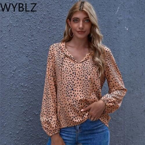 WYBLZ New Women Leopard Print V Neck Ladies T-Shirts Long Sleeve Loose T Shirt Basic Top Shirts Harajuku Woman Shirts