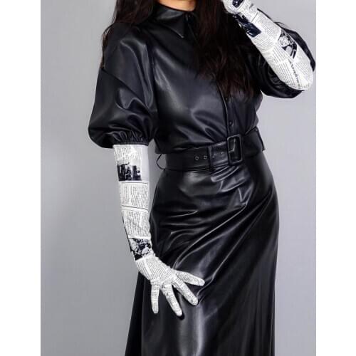 Womens runway fashion sexy slim newspaper print pu leather glove ladys club performance leather long glove 50cm R2741