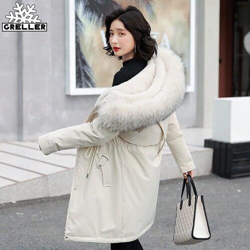 GRELLER 2021 Snow Wear Long Parkas Winter Coat Women Fur Liner Casual Hooded Deep Pockets Drawstring Winter Jacket Women Outwear