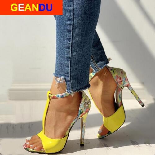 Women 2020 summer leather high heel sandals Ladies Party Stiletto & Enlargers Female Wedding Snake Print Heels Zapatos Gladiator