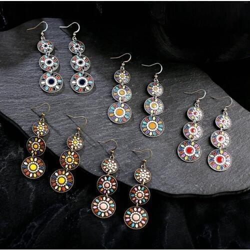Womens Round Bohemian Earrings Ethnic Dripping Oil Boho Flower Jhumka Earring Jewelry Turkish Accessories