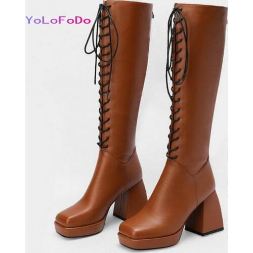 2021 Autumn Winter Women Knee High Boots Platform Thick High Heel Ladies Calf Boots Faux Leather Square Toe Women Lace Up Boots