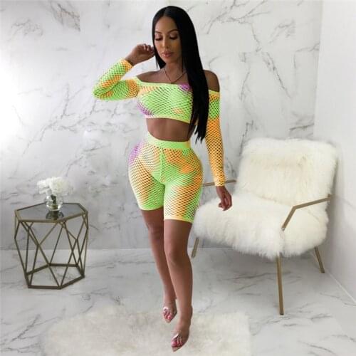 2020 New Style Women Sets Sexy Mesh Bodycon Suits Off Shoulder Long Sleeve Crop Top + High Waist Short Pants Summer Clothes
