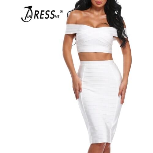 INDRESSME 2020 New Fahion Women Two Pieces Sexy Off The Shoulder Top and Skirt Bandage Dress Party Club Bodycon Dress Summer Hot