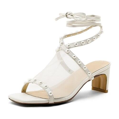 Summer New Fashion Casual Ladies Sandals White High Heels Pearl Mesh Breathable Womens Shoes High-quality Leather Handmade