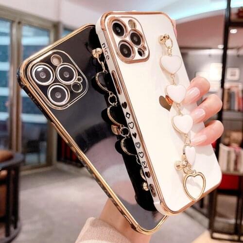 For iPhone 12 Pro Max Plating Frame Love Heart Chain Wrist Bracelet Phone Case For iPhone 11 Pro Max XS Max X XR 8 7 Plus Cover