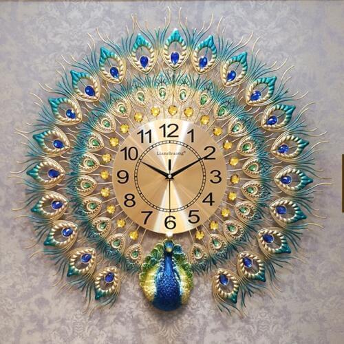 European Luxury Quartz Creative Large Wall Clock Art Golden Peacock Clocks Wall Modern Design Living Room Mute Wall Watch