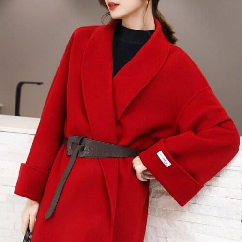 Hand made cashmere coat christmas red double face cashmere coat for women senior feeling gentle loose retro woolen coat big size