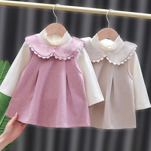 Baby Girl Clothes Set Spring Autumn Pure Color Long Sleeve Top + Doll Collar Sleeveless Newborn Clothes Baby Girl Dress 2Pcs