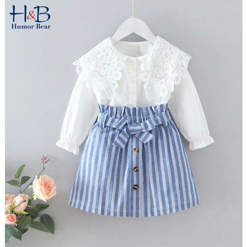 Humor Bear Girls Clothing Sets NEW Spring Autumn Baby Fashion Lace Lapel Shirt + Striped Bow Skirt 2pcs Kids Suit