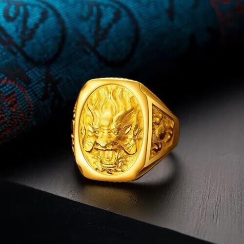 Vintage 24K Gold Dragon head shape Peace happiness joy health for men chunky finger Rings Engagement Wedding Accessories Jewelry