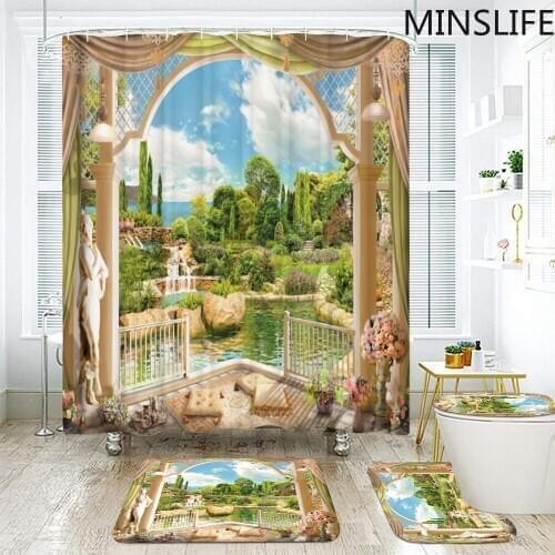 3D Beautiful European Gardens Landscape Bath Shower Curtains Set Mat Set Toilet Seat Cover Carpet for Bathroom Home Decoration