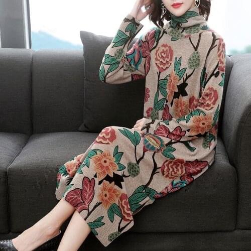 Winter Autumn Vintage Casual Womens Printed Floral Turtleneck Long Sweater Dress ,2018 Fall Flower Pullover Dresses for Women