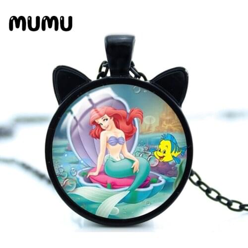 2021 New The Little Mermaid Cat Ear Necklace Princess Ariel Glass Dome Pendant Round Photo Jewelry Gifts Girl