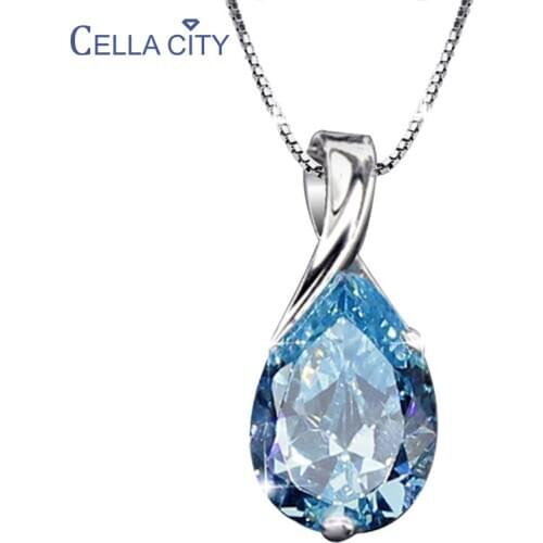 Cellacity Trendy Necklace for Women Silver 925 Jewelry Water Drop Shaped Aquamarine Pendant Neck Ornament Engagement Wholesale