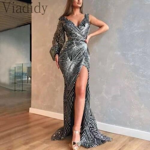 One Shoulder V-Neck Slim High Slit Asymmetry Maxi Dress Women Sexy Long Sleeve Shiny Striped Party Evening Robe