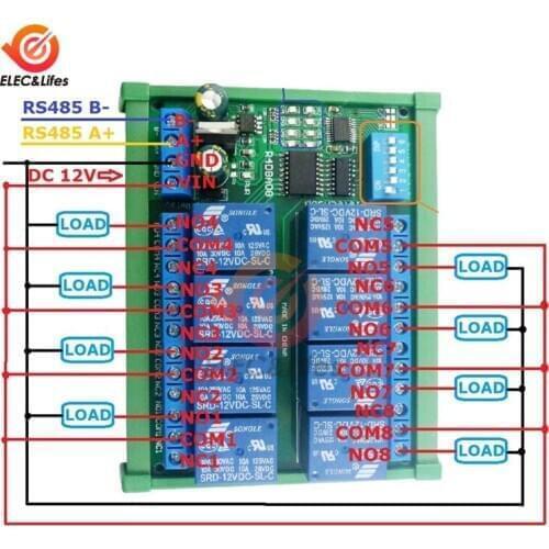 DC 12V 8 Channel RS485/TTL Relay Module Modbus RTU UART Remote Control Switch DIN35 C45 Rail Box for PLC PTZ Camera Security