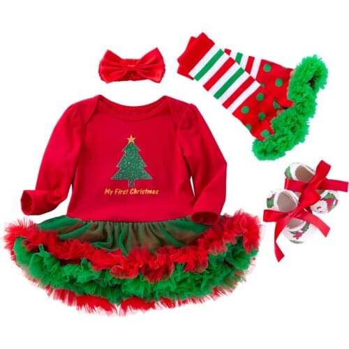 Christmas Costume Newborn Baby Girls Clothes Long Sleeve Romper Dress Lace Cartoon Print Party Dresses Hairband Shoes Set 4pcs