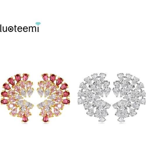 LUOTEEMI Bridals Colorful Cubic Zirconia Big Stud Earrings for Women Wedding Fashion Jewelry Satement Brincos Bijoux Gift