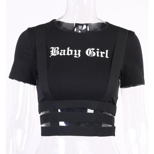Streetwear 2021 Punk Hollow Out Black T Shirt Harajuku Goth Letter Print Bodycon Short Sleeve Top Women Sexy Basic Crop Tops