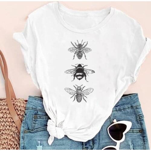 Women Cartoon Bee Cute Style Trend Love Fashion Print Graphic Summer Short Sleeve Female Clothes Tops Tees Tshirt T-Shirt
