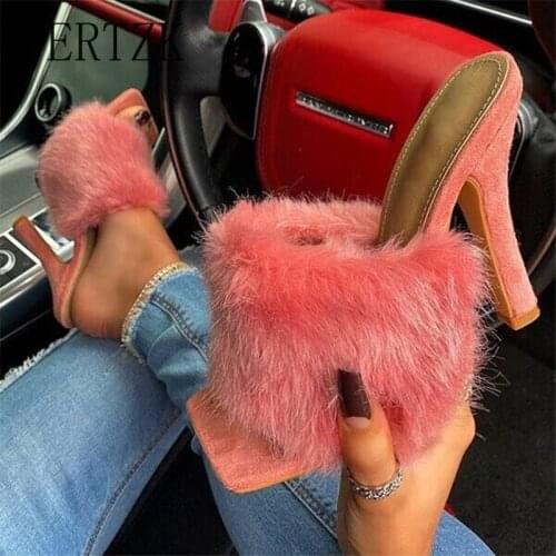 2021 Summer Fur Slippers Woman Fashion Feather High Heels Woman Square Toe Mules Lady Slides Shoes Plus Size New Size 43