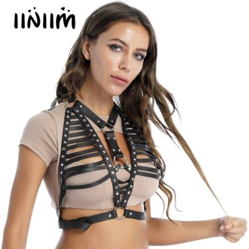 Womens Halter Body Chest Harness Belt Rivet O Ring Decor Faux Leather Adjustable Straps Crop Top Music Festival Cosplay Clubwear