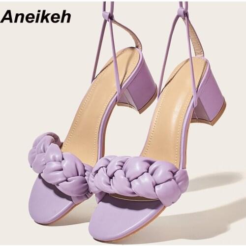 Aneikeh NEW Shoes For Women 2021 Sandalias Mujer Summer Square Heels Pumps Party Cross-Tied Fashion Gladiator Lace-Up Checkered