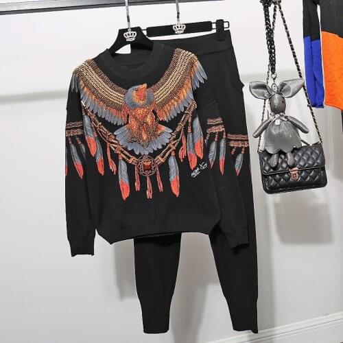 Autumn Two Piece Set Women Fashion Knitted Eagle Feather Pattern Embroidery Long Sleeve + Casual Pants Ladies Sets Tide H1597