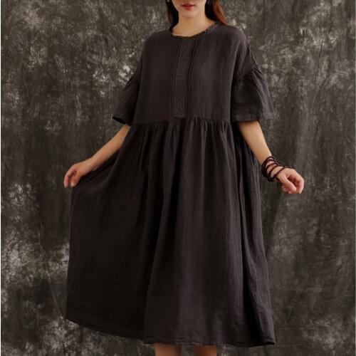 QPFJQD Summer Autumn O-neck Short Sleeve Women Cotton Linen Dress 2020 Retro Patchwork Female Dresses Solid Color