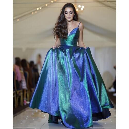 Blue Glittery Spaghetti Straps Prom Dresses Long 2021 V Neck Corset Back Aline Formal Evening Party Gowns Robe De Soiree