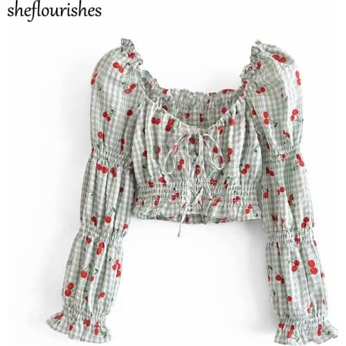 2021 Summer long sleeve shirt women sexy v neck top korean cherry print blouse plaid bandage tops casual cropped shirt slim