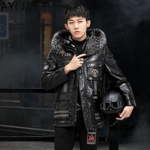 AYUNSUE Hooded Genuine Sheepskin Leather Jacket Men Winter 100% Rabbit Fur Coat Motorcycle Leather Jackets Ropa Hombre LXR1002