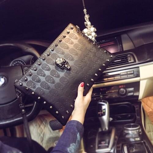 Brand Designer PUNK Rivets Handbag Men Skull Day Clutches Envelope Handbag Casual Purse Bag for Girls Shoulder Bag Women-Bag