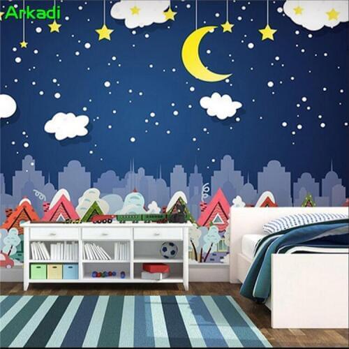 Childrens room wallpaper cartoon boy girl bedroom warm custom wall cloth star moon white cloud custom size